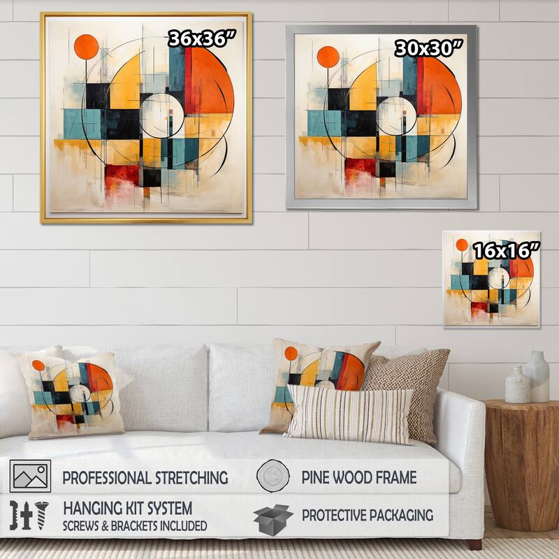 Designart "Blue Orange Mid Century Geometric Abstractions II" Mid-century Framed Wall Art Living Room