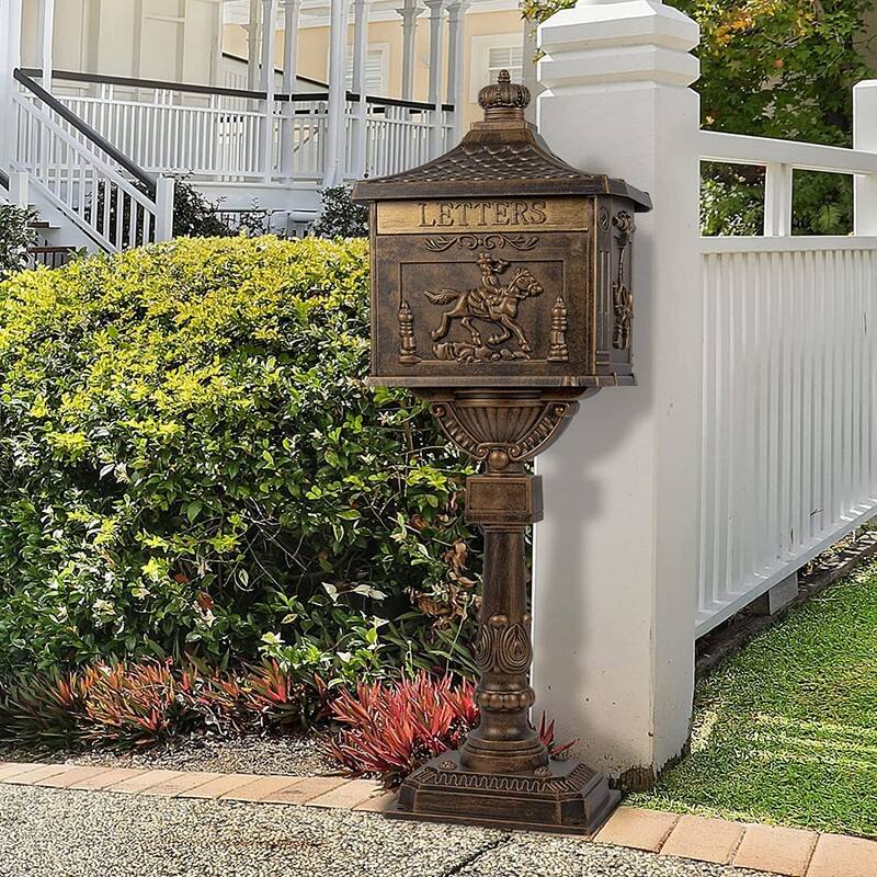 Retro Mid-century Aluminum Cast Mailbox with Post and Keys, Locking Residential Rust-Proof Security Postal Mailboxes