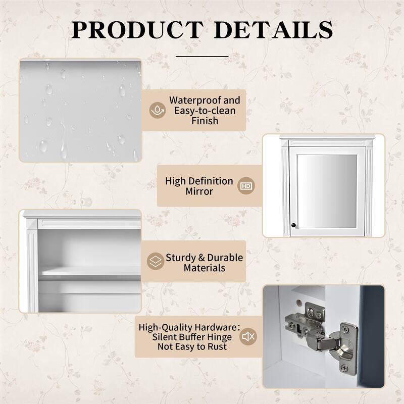 GDF-Studio - Wendell Modern Wall-Mounted Bathroom Medicine Cabinet with Mirror, Soft-Close Hinges & Adjustable Shelves