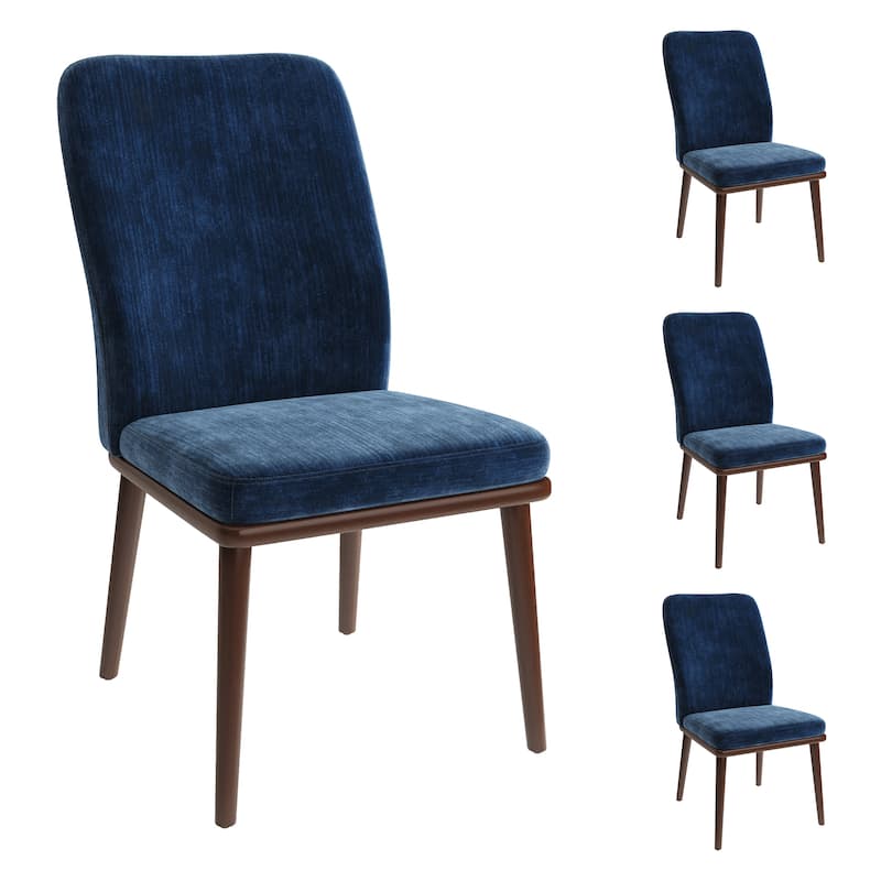 High Back Upholstered Dining Chairs Padded Fabric Kitchen Chairs Solid Wood Legs Restaurant Cafe - Set of 4 - Blue