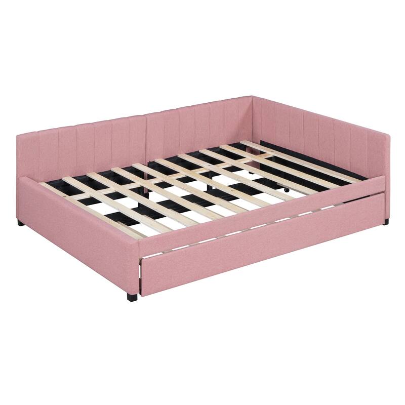 L-Shaped Backrest Daybed Upholstered Daybed Frame Classic Wood Slats Design with 2 Storage Drawers or Trundle, Full Size