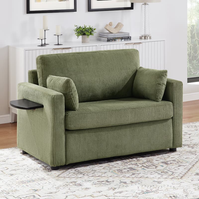 Roomfitters Twin Sofa Bed with Foldable Mattress, Side Table, Storage Pocket and USB Ports for Living Room
