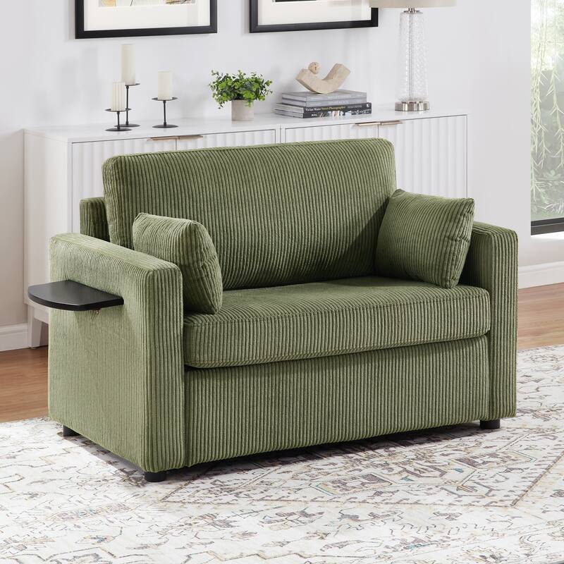 Twin Size Sofa Bed Sleeper Sofa with a Foldable Mattress, a Foldable Side Table, a Side Storage Pocket and Two USB Ports