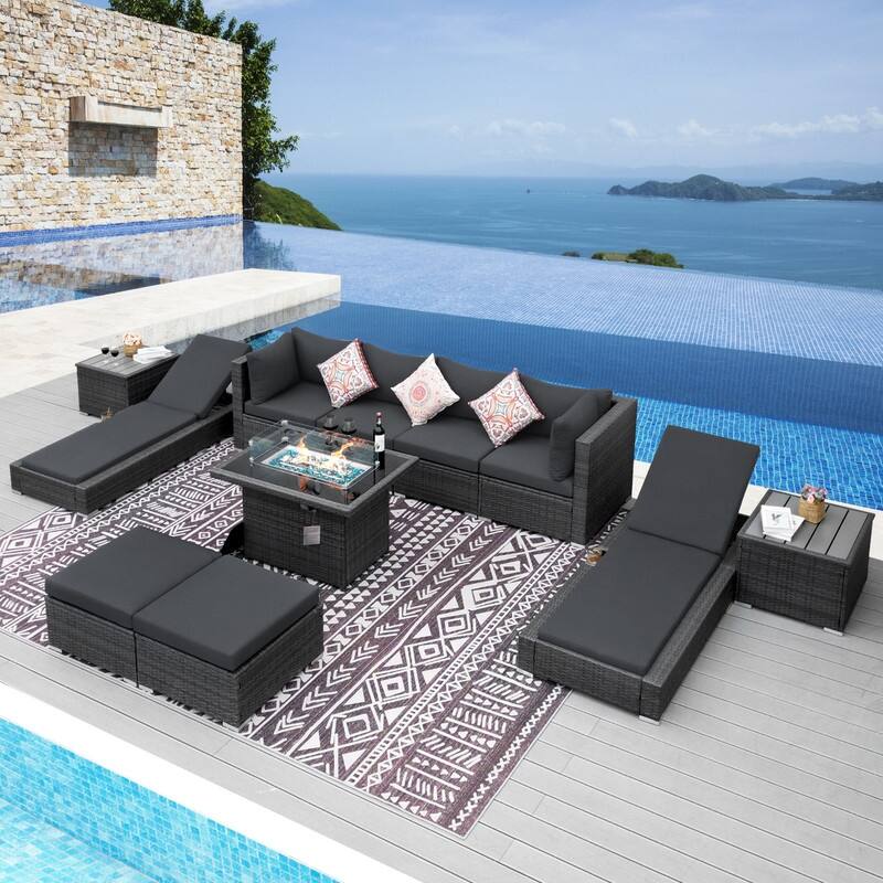 FINCATI 11 Pieces Patio Furniture Set Outdoor Sectional Sofa with Firepit Table - Dark Grey