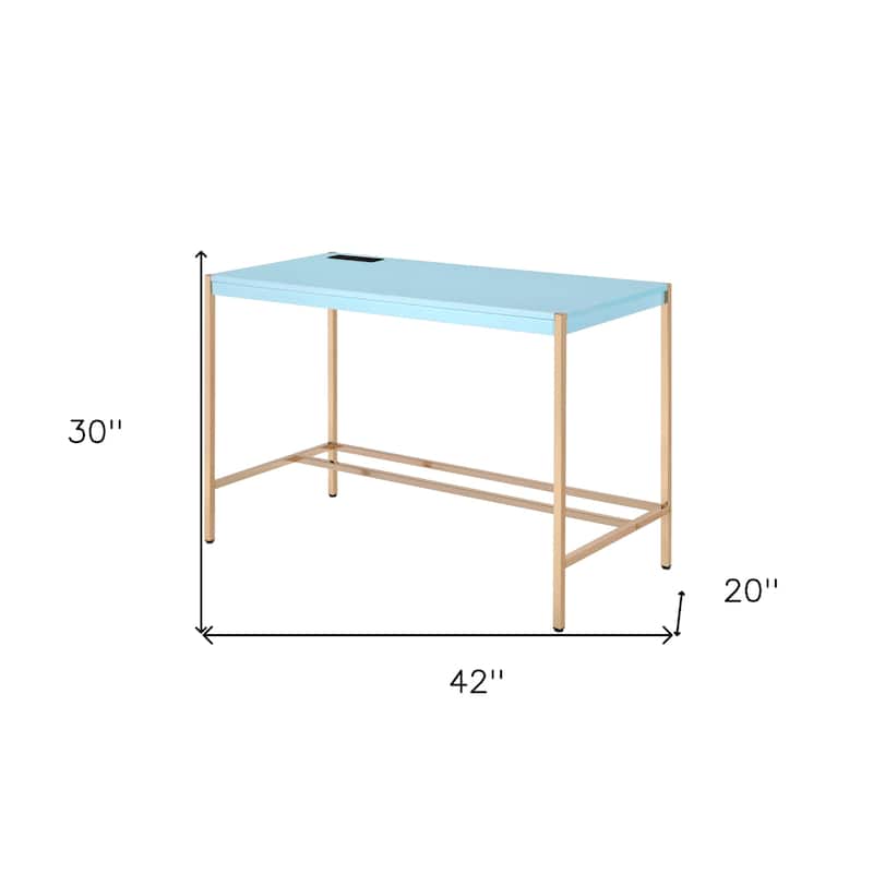 Wood Writing Desk with Gold Metal Base and Built In USB Port