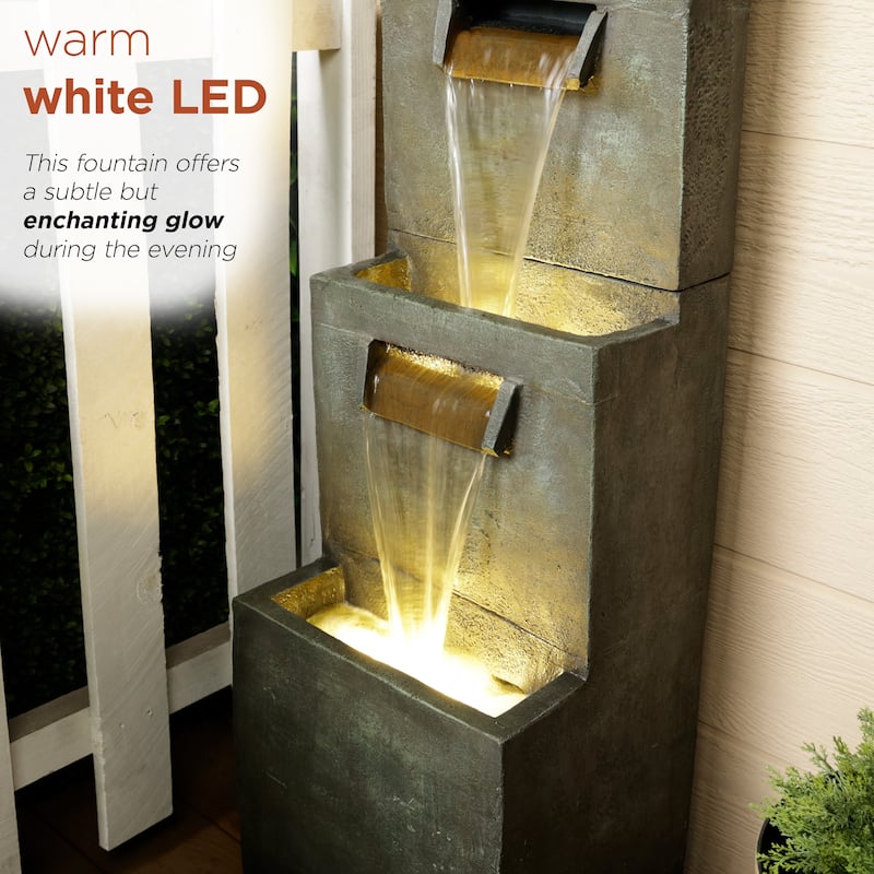 2-Tier Polyresin Modern Stone Wall Fountain w/ Warm White LED