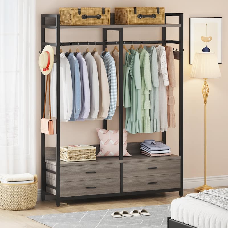 Freestanding Closet Organizer, Clothing Rack with 4 Drawers, 8 Hooks and Storage Shelves - Grey - Grey