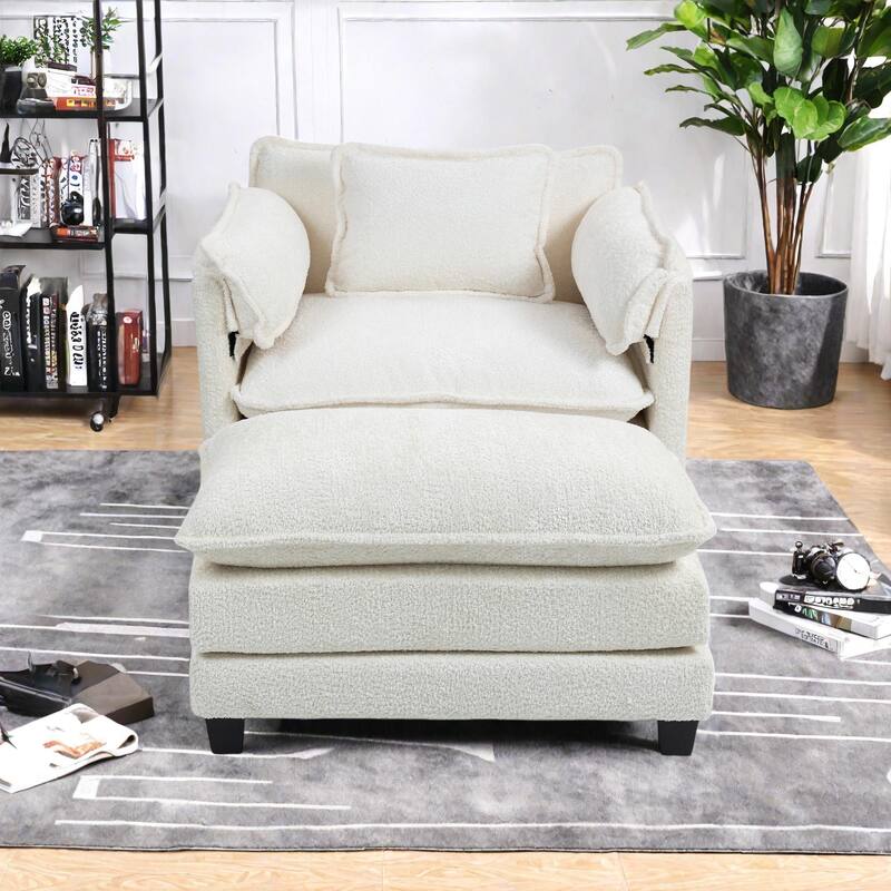 Boucle Oversized Sofa with Ottoman, Double Deep Cushion, Thick Armrests, and High-Resilience Sponge - Beige