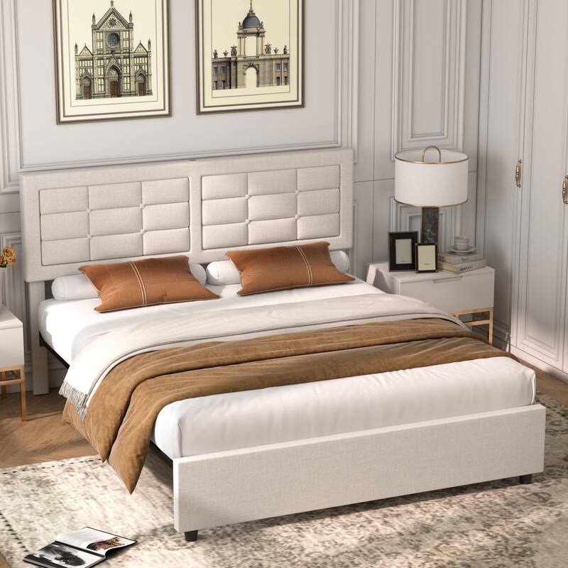 Javlergo Full Queen Size Bed Frame with USB Charging Station Adjustable Height Upholstered Headboard No Box Spring Needed