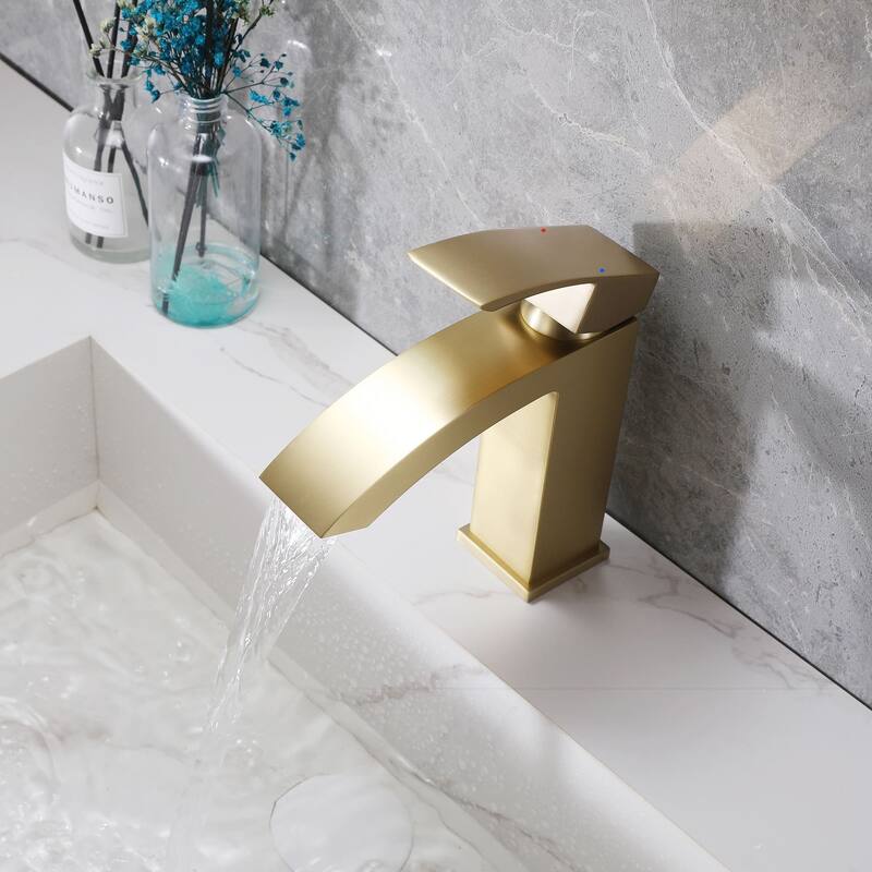 Waterfall Bathroom Sink Faucet Single Handle Bathroom Faucet Brushed Gold One Holes Modern Basin Vanity Taps With Deck Plate