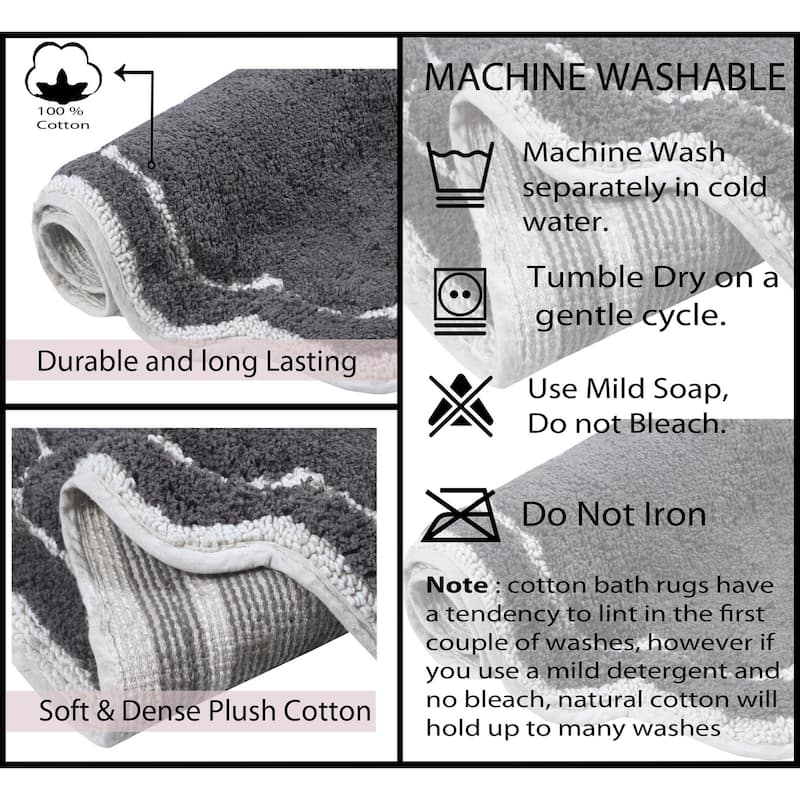 Allure Collection 100% Cotton Non-Slip Bathroom Rug Set, 3 Piece Machine Washable- Bathroom Rug, Bath Rug, U Shaped Contour