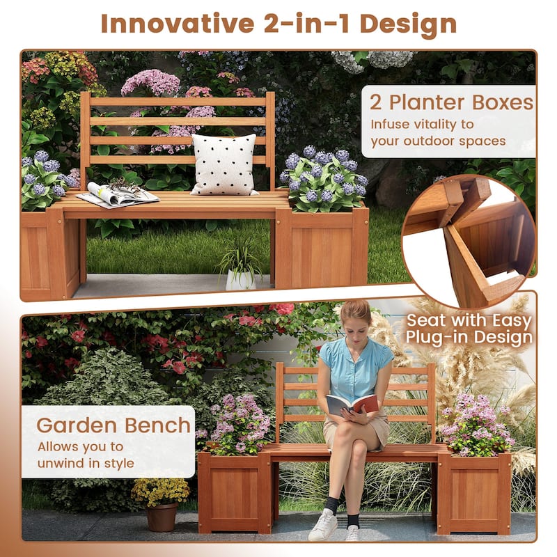 Hardwood Planter Box with Bench for Garden Yard Balcony - 68" x 16" x 18" (L x W x H)