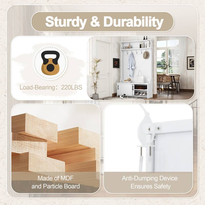 Hall Tree with Top Shelf, Hallway Shoe Bench with Sliding Doors, Coat Rack with Hanging Hooks for Entryways Hallway