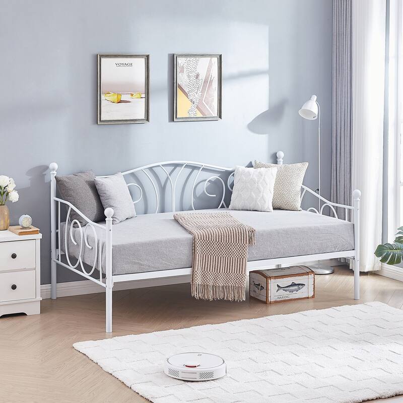 VECELO Metal Twin Size Daybed with Roman Column Legs Scroll Design Heavy Duty 350 lbs Capacity Sofa Bed for Living Room