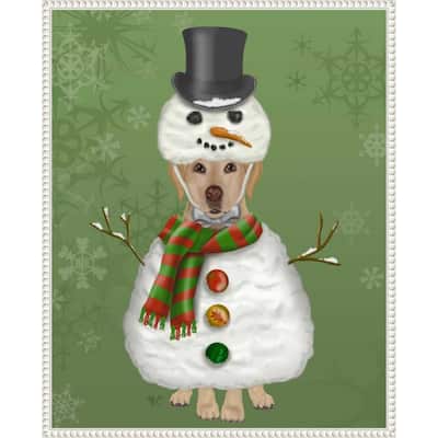 Yellow Labrador Snowman Costume by Fab Funky (23 x 28 in.), Framed Canvas Wall Art Print - Sylvie Beaded White