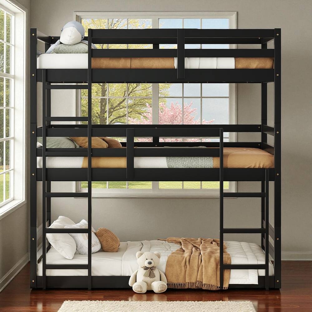 Twin Over Twin Over Twin Rubber Wood Triple Bunk Bed with Guardrails and Two Built-in Ladders, Detachable 3-Tier Bed Frame