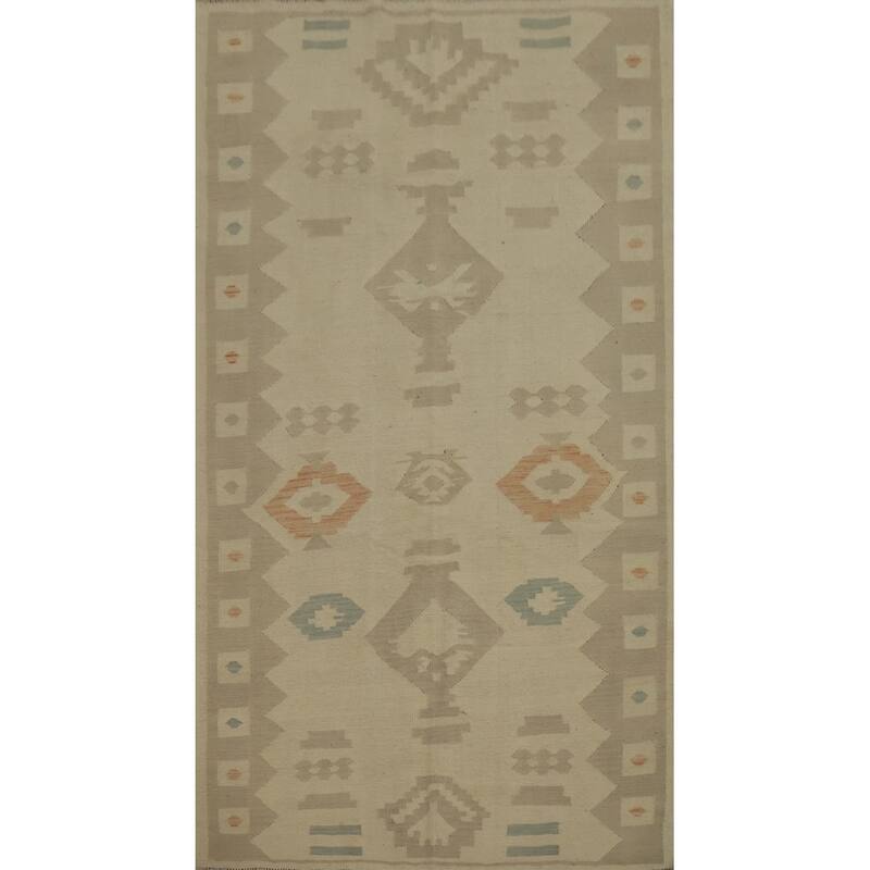 Hand Woven Oriental 100% Wool Carpet Southwestern Tribal Beige & Ivories Kilim Area Rug - 8' 0'' X 4' 9''