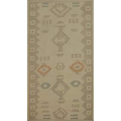 Hand Woven Oriental 100% Wool Carpet Southwestern Tribal Beige & Ivories Kilim Area Rug - 8' 0'' X 4' 9''