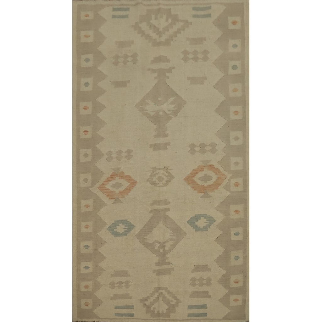 Hand Woven Oriental 100% Wool Carpet Southwestern Tribal Beige & Ivories Kilim Area Rug - 8' 0'' X 4' 9''