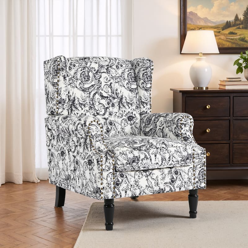 Traditional Floral Patterned Wingback Armchair with Nailhead Trim - Rococo Black