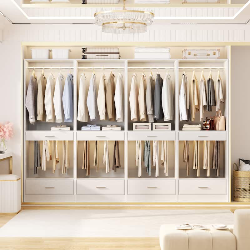 Qvella 23.6'' W Closet System with Hanging Rods and Wooden Drawers, Modular Walk-In Closet Organizer with Pants Rack - White - Set of 4(94.4'' W)