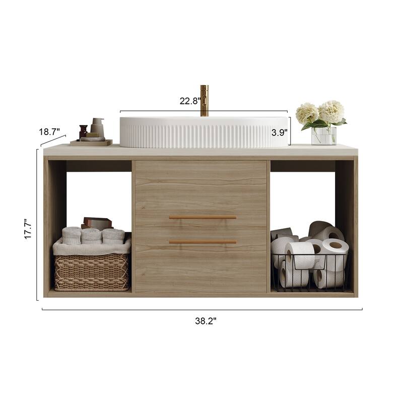 Modern 38.2 Wall-Mounted Bathroom Vanity with Oval Ceramic Sink Floating Vanity Multi-Layer Solid Soft-Close Drawers Open Shelf
