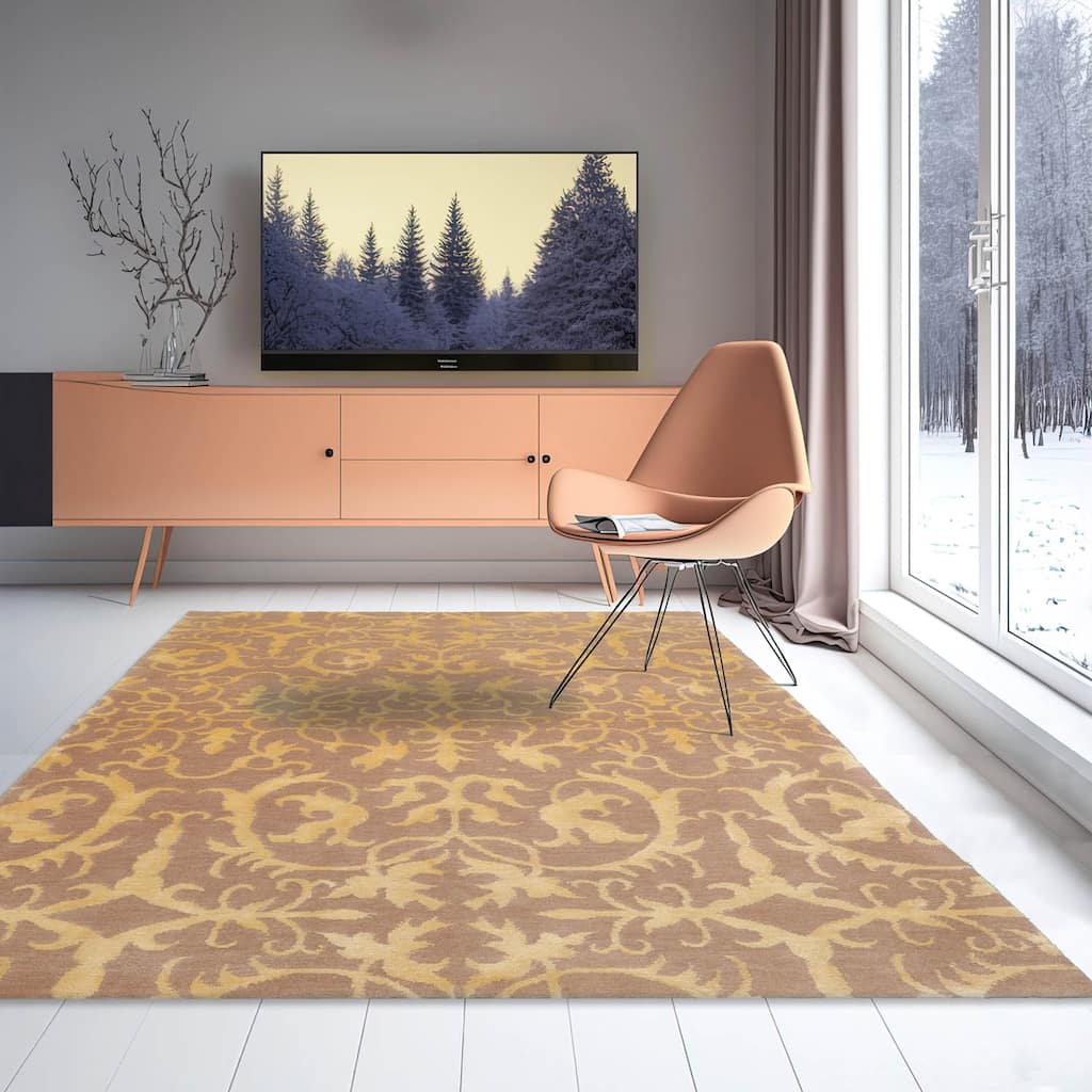 Hand Knotted Tibetan Beige Floral Wool & Silk Transitional Area Rug - 4' 1'' x 5' 11''