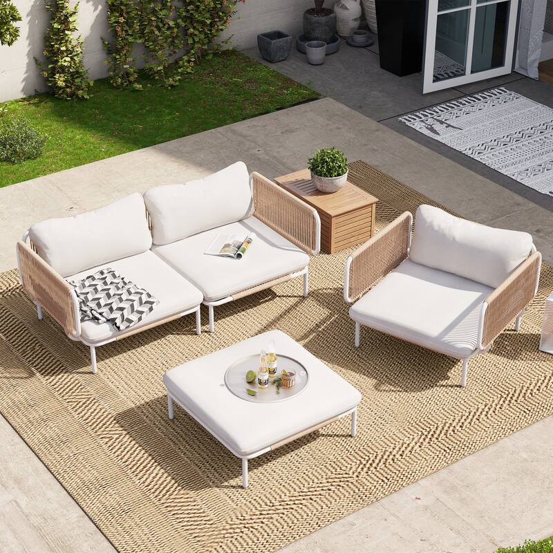 Outdoor Cushioned Sectional Sofa Chat Set Patio Furniture Conversation Set, Free Combination - 4-piece seats - Beige, 4pcs seats & 7 arms