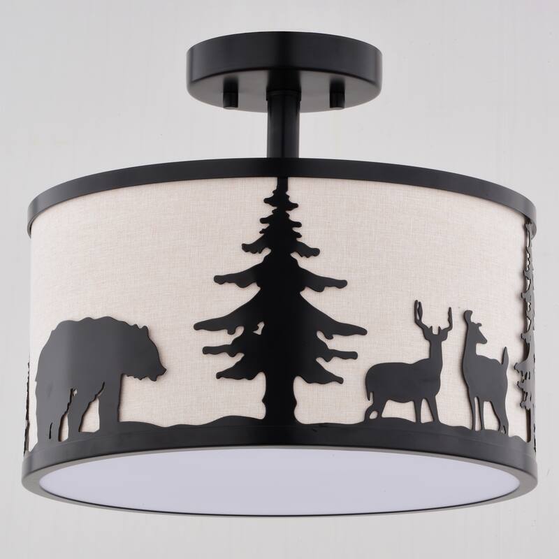 Acadia 13-in W Bronze Rustic Semi Flush Mount Ceiling Light White Linen Deer Tree - 13-in W x 11.25-in H x 13-in D