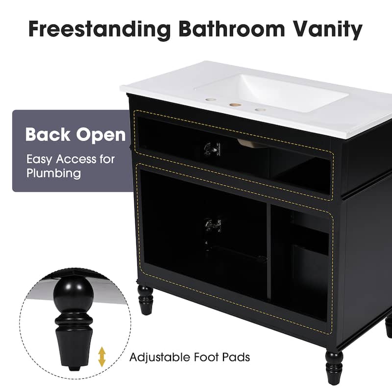 Freestanding 36" Bathroom Vanity with Ceramic Undermount Sink, 2 Drawers & Cabinet Storage