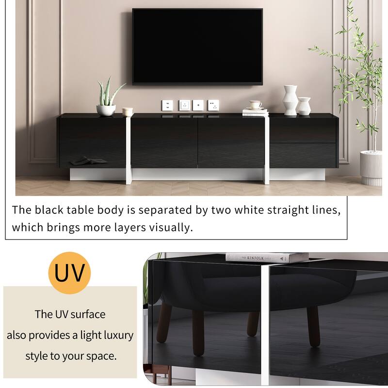 Modern TV Console for TVs Up to 80'', Contemporary Rectangle Design with 3 Cabinets & 2 Drawers, High Gloss Surface