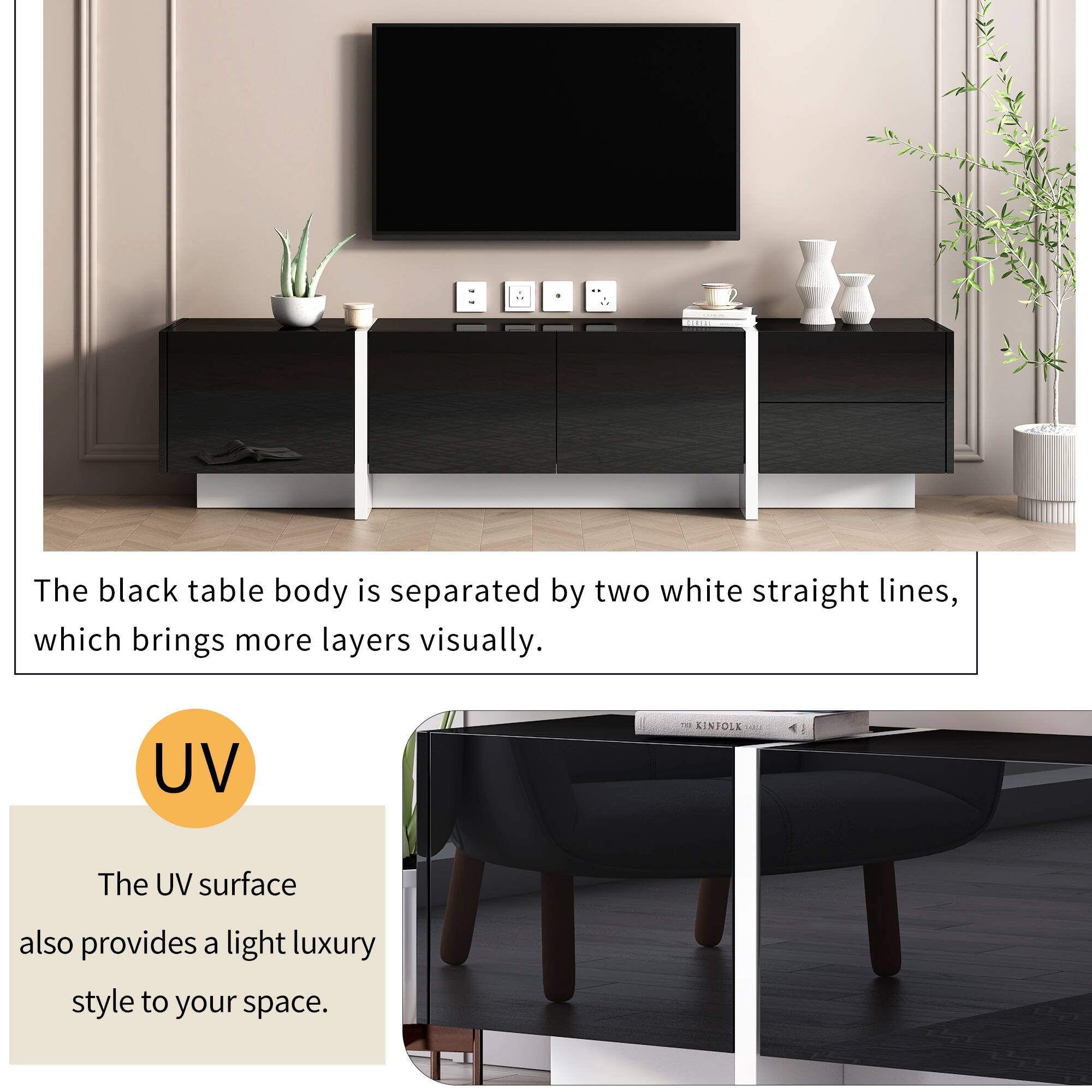 White & Black Rectangle Design TV Stand, Unique Style TV Console Table