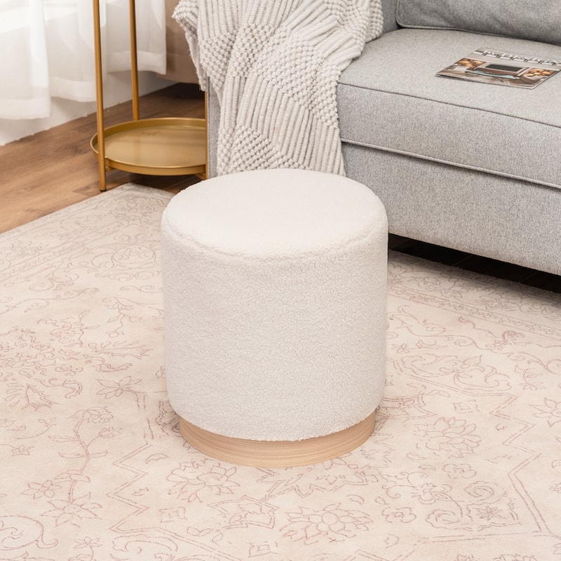 Adeco 17" Velvet Ottoman Footstool with Wood Grain Effect Base - White
