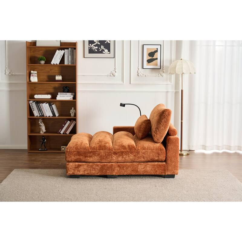 Chenille Single Sofa Chair Chaise Lounge with Phone Holder, Upholstered Recliner Sleeper Sofa Bed for Living Room