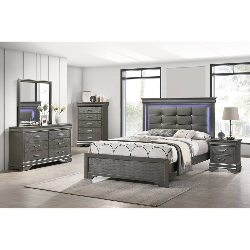Modern Style Bed Set Built In LED Lights Square Button Tufted Diamond Button Handles Gray Finish Bedroom Furinture