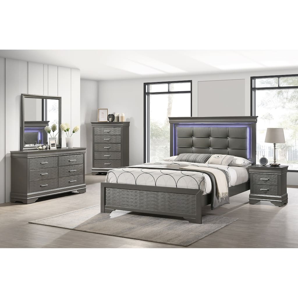 Modern Style Bed Set Built In LED Lights Square Button Tufted Diamond Button Handles Gray Finish Bedroom Furinture