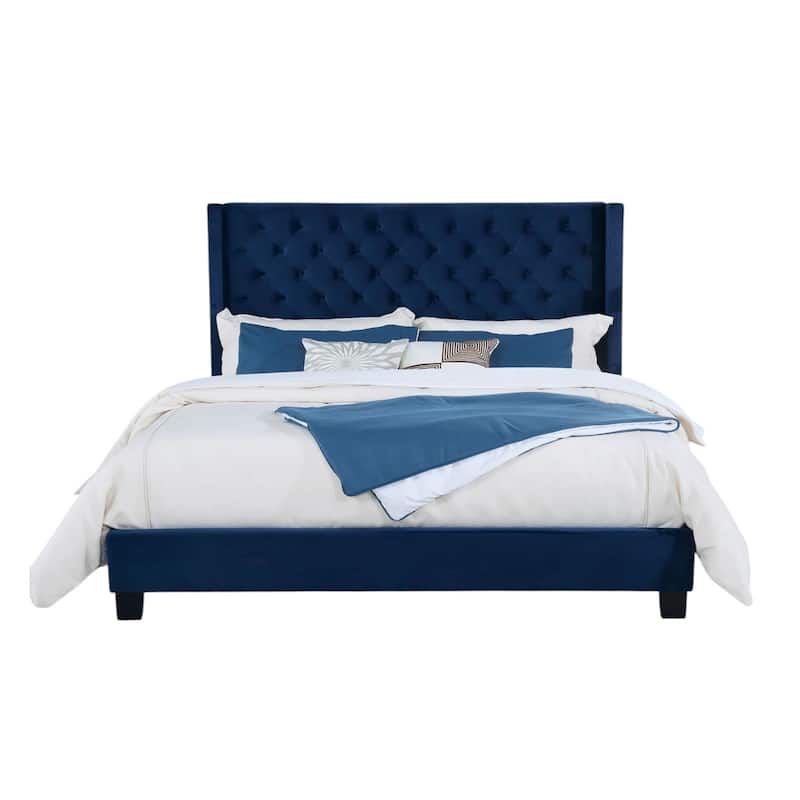 Velvet-like Fabric Upholstered Eastern King Bed with Wingback Headboard