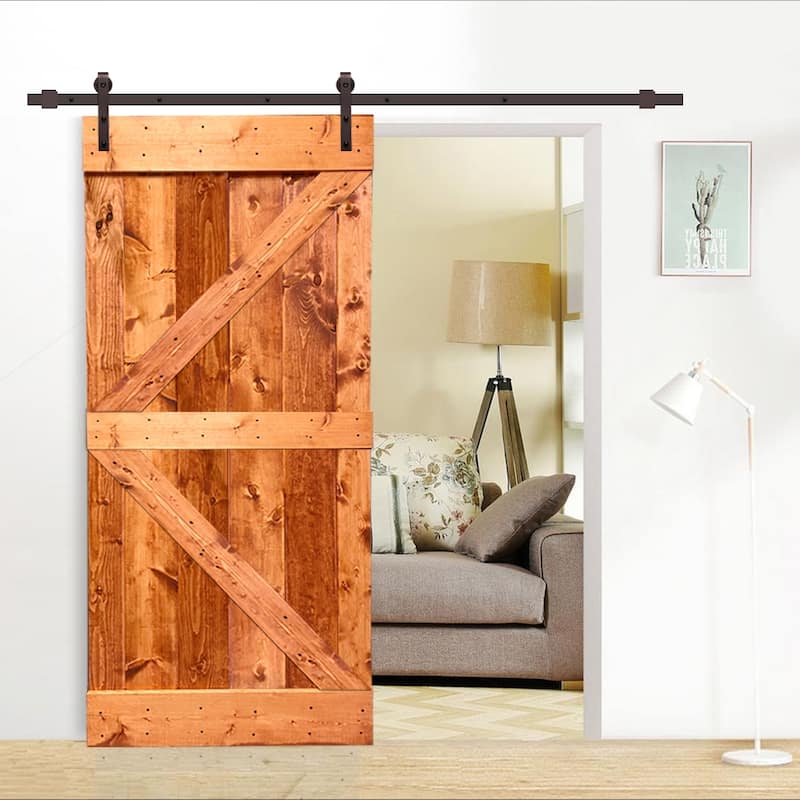 CALHOME K Series Stained Wood Sliding Barn Door with Hardware Kit - Red Walnut - 36 x 84