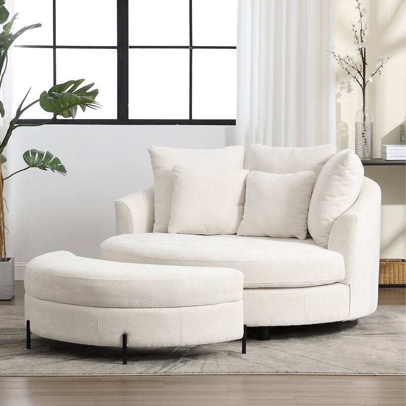 Modern Sofa Chair Round Accent Barrel Chair With 5 Pillows and Storage Ottoman