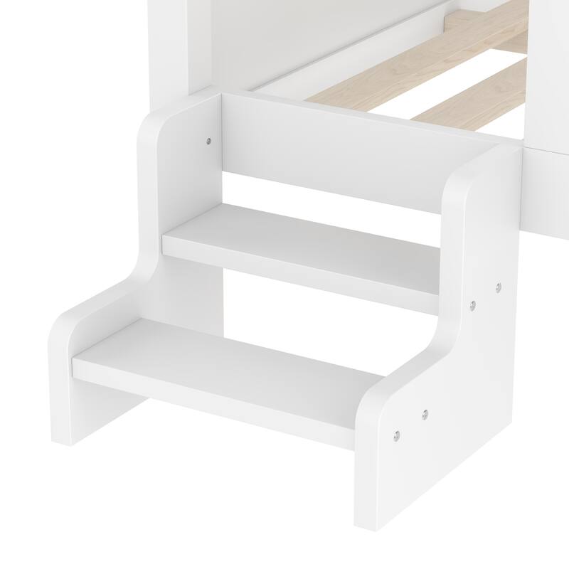 Low Profile Stairs Platform Bed Wood House Bed with Cute Star-shape Roof, Window, Bookcase and Blackboard for Boys and Girls