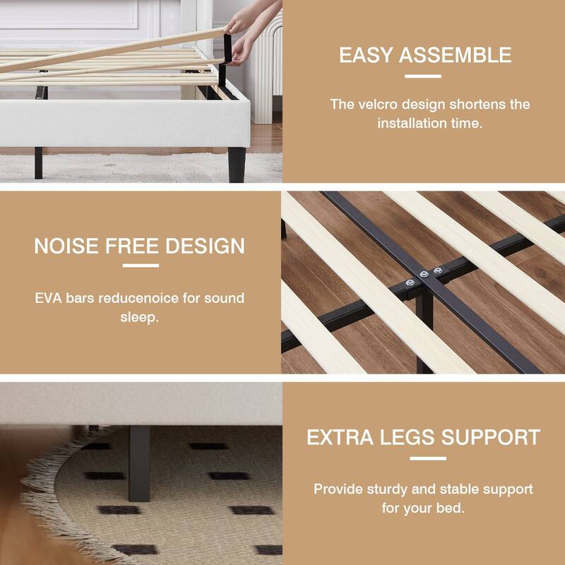 VECELO Bed Frame with Upholstered Wingback Headboard,Platform Bedframe with Charging Station & Side Pockets