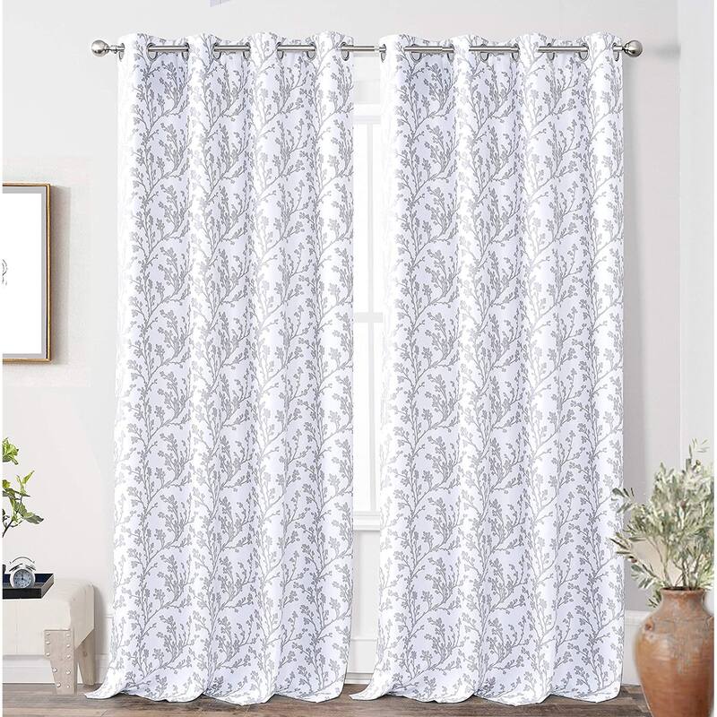 DriftAway Sarah Floral Tree Branch Pattern Blackout Window Curtain Grommet 2 Layer - 52" Width X 84" Length - Grey