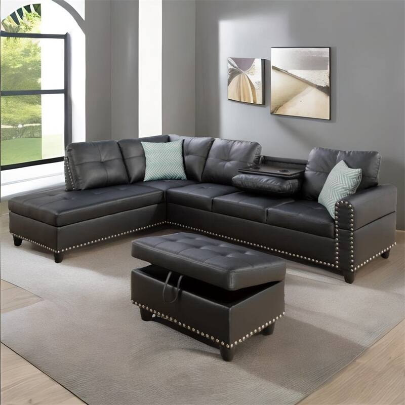 L-shaped Faux Leather Sectional Sofa with Ottoman and Pillows - Black