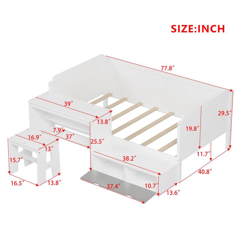 Twin Size Daybed with Built-In Desk, Shelves, Lockers & Matching Stool, Multifunctional Wood Bed Frame in Natural Finish