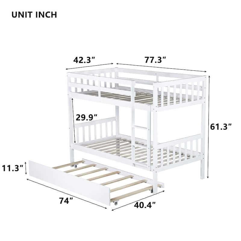 Convertible Twin Over Twin Bunk Bed with Trundle, White Rubber Wood, Safety Guardrails, and Ladder