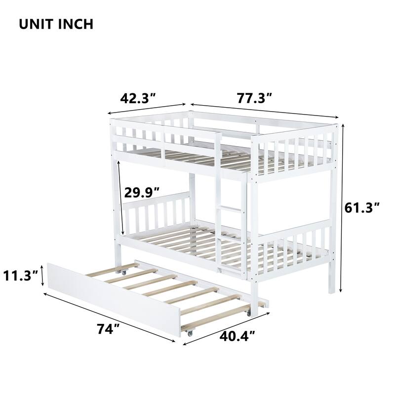 Twin Over Twin Rubber Wood Bunk Bed with Trundle, Convertible into Twin Beds, Ladder and Safety Guardrails