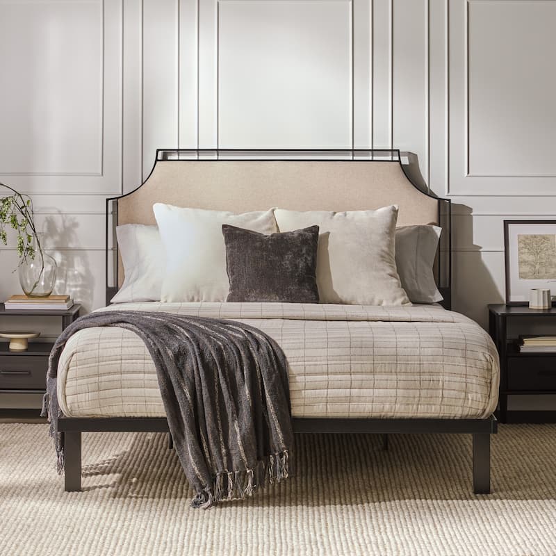Middlebrook Designs Upholstered Curved Metal Queen Bedframe - Tan