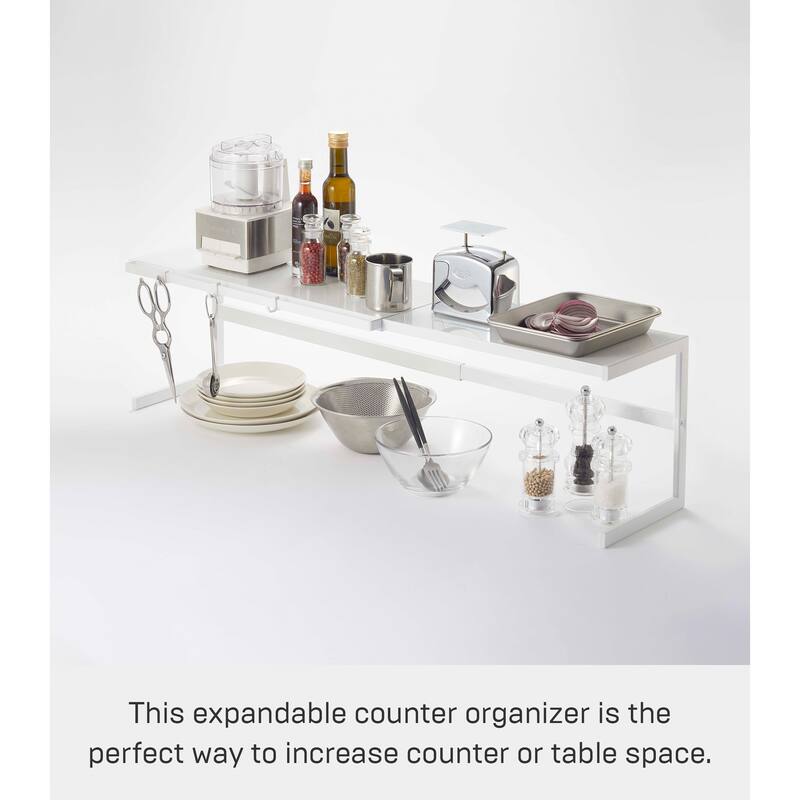 Yamazaki Home Expandable Countertop Shelf, Steel, Large, Holds 23 lbs, Expandable - L 8.86 x W 21.26 x H 9.84 inches