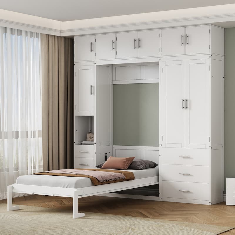 Space-Saving Twin Murphy Bed with Lockers and Wardrobes, White - White