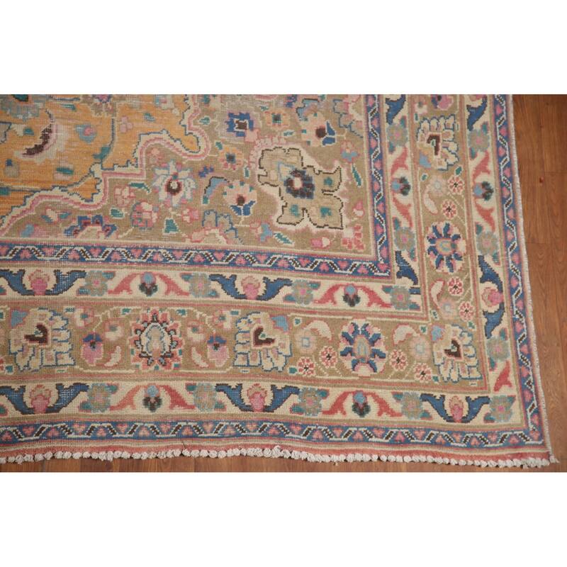 Hand Knotted Oriental 100% Wool Carpet Traditional Floral Yellow & Gold Mashad Area Rug - 12' 4'' X 9' 7''